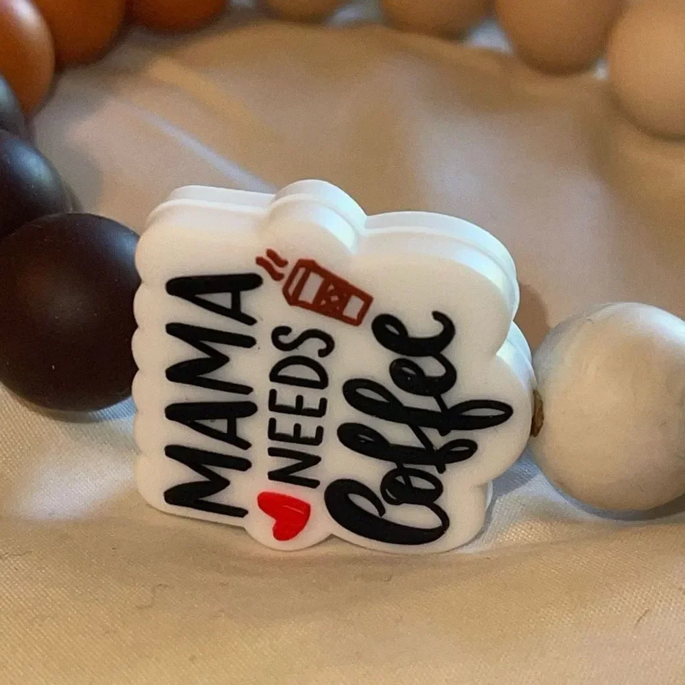 Keychain bracelet wristlet silicone beaded Mama Needs Coffee NEW handmade clasp